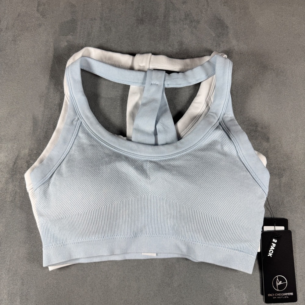 90 Degree by Reflex Marvella Sports Bra 2 Pack Blue White Ribbed Large NWT